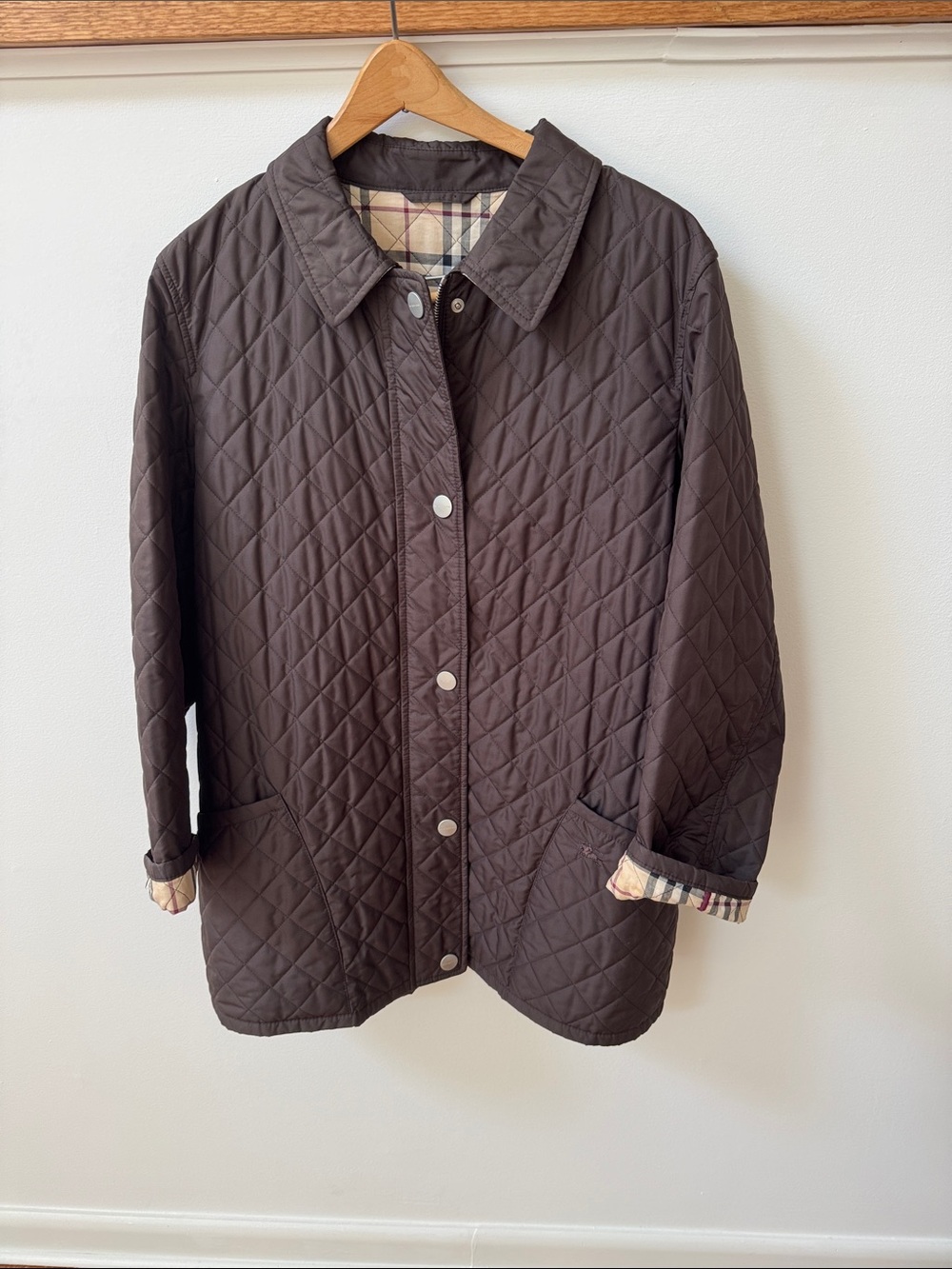Burberry Dark Brown Quilted Utility Jacket with Plaid Trim